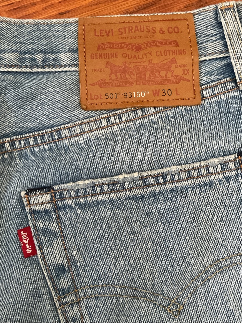 Levis 501 150th Anniversary Patchwork Denim Cotton Shorts Blue Mens W30 - Picture 6 of 8